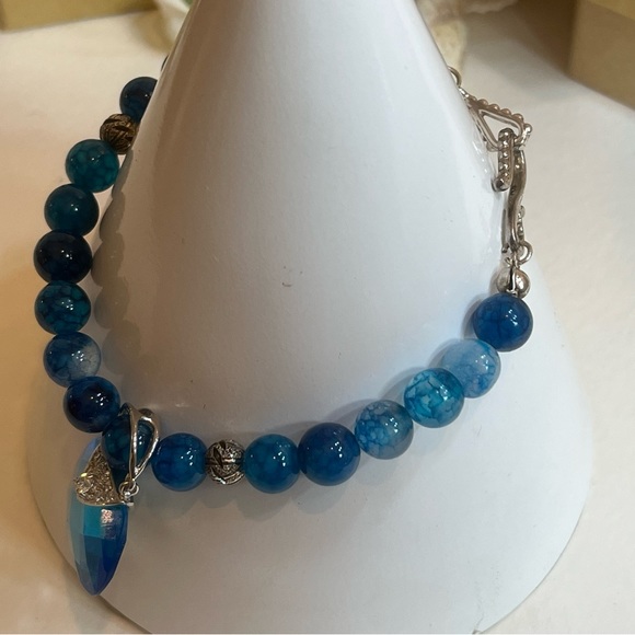 Blue Agate Gemstone Bracelet w/ Swarovski “Purse” Charm & Sterling Silver Clasp - Picture 9 of 12
